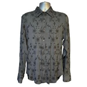 Bagutta Gray and Black Floral Embroidered Long Sleeve Button Down Size L